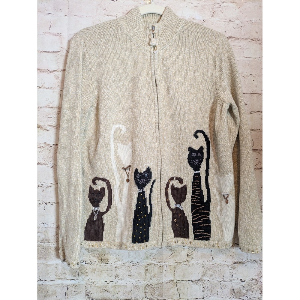 Vintage Designers Originals Sweater Medium Cats Wearing Jewels Oatmeal Full Zip